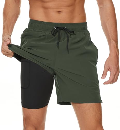 Kfnire Badehose Herren mit Kompression Liner Wasserabweisend Badehose für Herren Badeshorts Männer Schwimmhose 2 in 1 Atmungsaktiv Schnelltrocknend Badehosen mit Innenhose und Reißverschlusstaschen von Kfnire