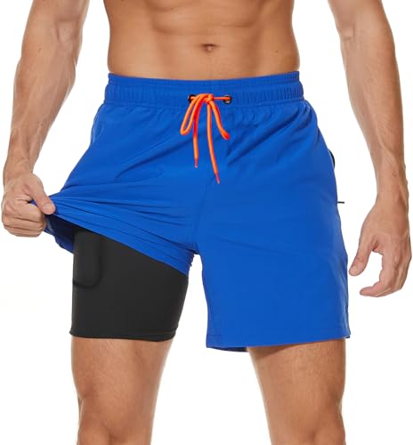 Kfnire Badehose Herren mit Kompression Liner Wasserabweisend Badehose für Herren Badeshorts Männer Schwimmhose 2 in 1 Atmungsaktiv Schnelltrocknend Badehosen mit Innenhose und Reißverschlusstaschen von Kfnire