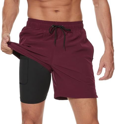 Kfnire Badehose Herren mit Kompression Liner Wasserabweisend Badehose für Herren Badeshorts Männer Schwimmhose 2 in 1 Atmungsaktiv Schnelltrocknend Badehosen mit Innenhose und Reißverschlusstaschen von Kfnire