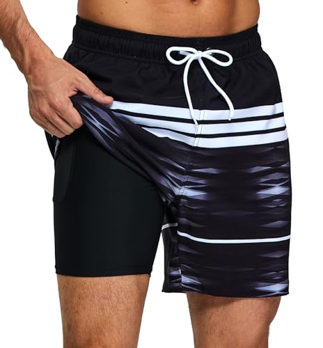 Kfnire Badehose Herren mit Kompression Liner Wasserabweisend Badehose für Herren Badeshorts Männer Schwimmhose 2 in 1 Atmungsaktiv Schnelltrocknend Badehosen mit Innenhose und Reißverschlusstaschen von Kfnire