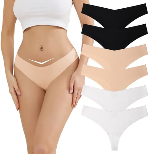 Kfnire String Tanga Damen Unterhosen Slips Nahtlose Unsichtbare V-Taille Atmungsaktiv Unterwäsche Frauen, 6er-Pack Niedriger Taille String Tangas für Damen von Kfnire