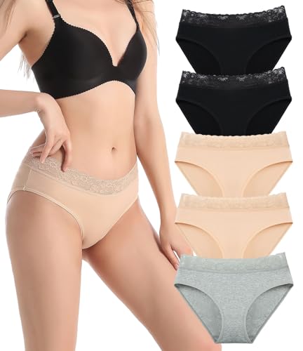 Kfnire Unterhosen Damen Slips Baumwolle Hohe Taille Unterwäsche Frauen Elegante Spitzenbesatz Weich Stretch & Atmungsaktive Panties Damen 5er-Pack, XS-XXL von Kfnire