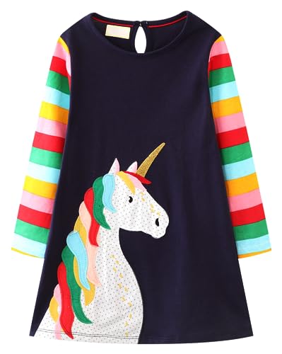 Kleid Mädchen Langarm Baumwolle Jersey A-Linie Freizeitkleidn Einhorn Kleider für Mädchen Gr. 95-105 von Kfnire