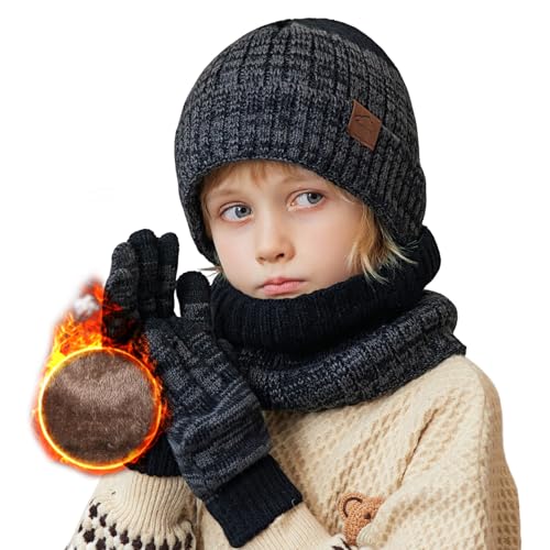 Wintermütze Kinder Schal Handschuhe 3PCs Fleece Gefüttert Beanie Strickmützen Warmem Mütze, Schal & Touchscree Handschuhe-Sets Verdicken Fleece Thermisch für Jungen Mädchen, Schwarz, 4-10 Jahre Wintermütze Kinder Schal Handschuhe 3PCs Fleece Gefüttert Beanie Strickmützen Warmem Mütze, Schal & Touchscree Handschuhe-Sets Verdicken Fleece Thermisch für Jungen Mädchen, Schwarz, 4-10 Jahre von Kfnire