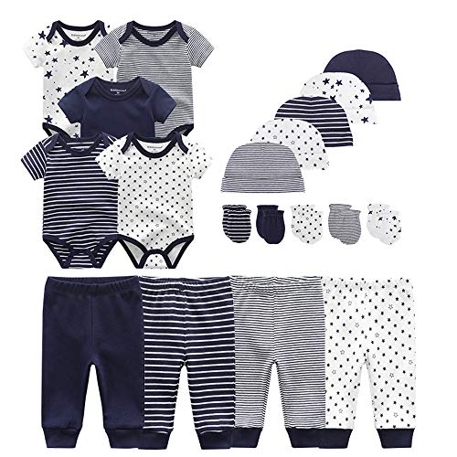 Kiddiezoom Baby-Body, Hose, Kleinkinder-Einteiler, Bekleidungs-Sets für Jungen und Mädchen aus Baumwolle, Mützen, Kratzfäustlinge Gr. 80, Dunkelblau gestreift & kleine Sterne & Druck-19-Set von Kiddiezoom