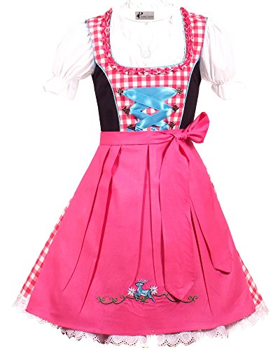 3tlg. Kinder Dirndl KD, hotpink weis kariert, 104 von Kiddy Tracht