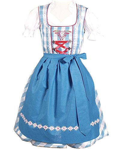 3tlg. Kinder Dirndl Kinder 138 - Gr. 104, türkis weis kariert von Kiddy Tracht