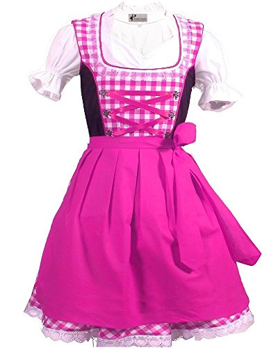 Trachtenkleid 3tlg. Kinder Dirndl Mädchen Kleid Gr. 92,104,116,128,140,146,152, Hotpink Weis Kariert, 104 von Kiddy Tracht