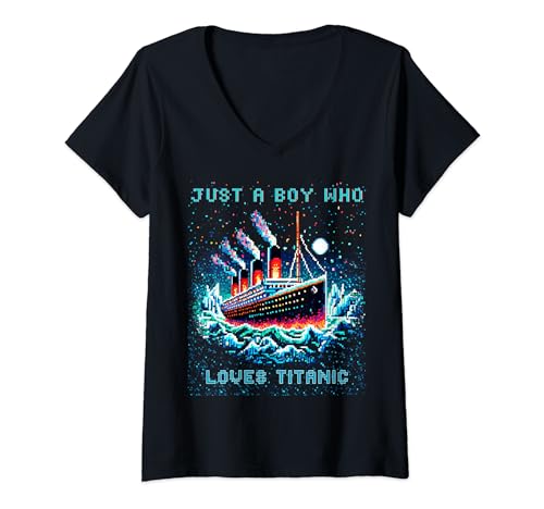 Damen Nur ein Junge, der RMS Titanic liebt, Remembrance Titanic, Jungs T-Shirt mit V-Ausschnitt von Kids Titanic Lovers, Remembrance Titanic Day