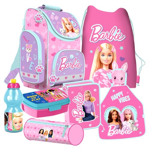 Barbie Mattel Schulranzen 7 Teile Set Ranzen Tornister mit Sticker-von-Kids4shop Tasche Federmappe Puppen Motiv von Kids4shop