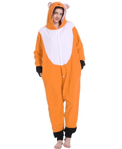 Kidukso Erwachsene Fuchs Kostüm Tier Fuchs Onesie Pyjamas Halloween Weihnachten Cosplay Einteiler für Frauen Männer Dunkelgelb L von Kidukso