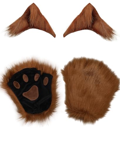 Kidukso Tier Pfoten Handschuhe Set mit Tierohr Kopfbedeckung Fuchs Wolf Bär Katze Krallen Fingerlose Handschuhe Pelzige Handschuhe Karneval Halloween Cosplay Verkleidung Requisiten, Kamel von Kidukso