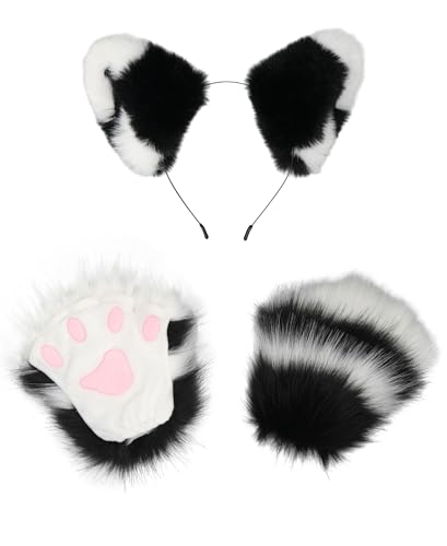 Kidukso Tier Pfoten Handschuhe Set mit Tierohr Kopfbedeckung Fuchs Wolf Bär Katze Krallen Fingerlose Handschuhe Pelzige Handschuhe Karneval Halloween Cosplay Verkleidung Requisiten, Schwarz von Kidukso