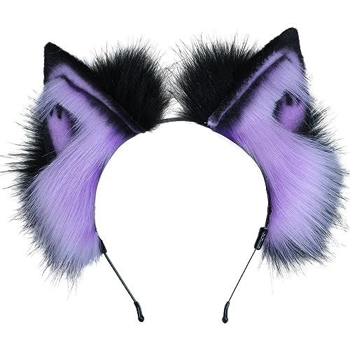 Kidukso Tierohren Kopfschmuck Kopfbedeckung Katze Hund Wolfsohren Fuchsohren Stirnband Pelztierohren Haarband Cosplay Kostüm Zubehör Handgefertigt Erwachsene Pelzohren Anime Dress Up Props, Lila von Kidukso