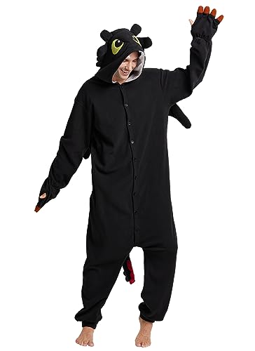 Kidukso Unisex Erwachsene Drachen Onesie Pyjamas Niedliche Tier Nachtwäsche Drache Kostüm Halloween Weihnachten Party Kostüme für Frauen Männer, Schwarz XL von Kidukso