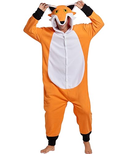 Kidukso Unisex Fuchs Einteiler Pyjamas Karikatur Tier Fuchs Onesie gemütliche Halloween Weihnachten Cosplay Kostüm für Männer Erwachsene Frauen Orange L von Kidukso