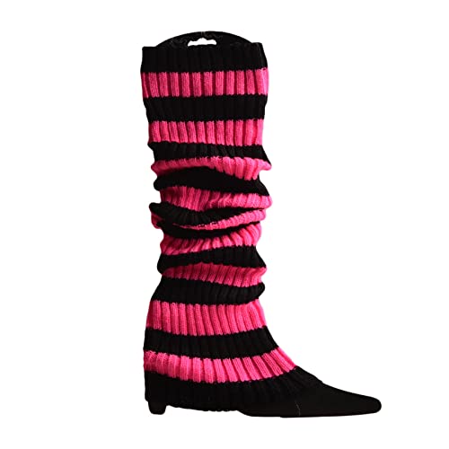 KieTeiiK Beinstulpen für Damen, Junioren, gerippt, gestrickt, bunt gestreift, lange Stiefel, Socken, dehnbare Fußabdeckung für 80er-Jahre-Party, Sport, Rosa / Rot / Schwarz, 17.72in von KieTeiiK