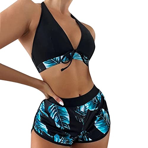 Damen 3 Packe Bikini Sets Neckholder Badebode 3-Teiliger Swimwear Bikini Set Badehose mit Tropenmuster Damen Mehrfarbig Tankini mit Oberteile und Badeshorts Einfarbig Bikini Badeanzug (A-001, M) von Kielsjajd