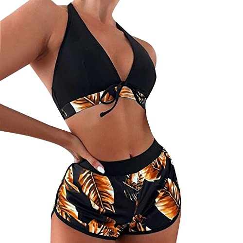 Damen 3 Packe Bikini Sets Neckholder Badebode 3-Teiliger Swimwear Bikini Set Badehose mit Tropenmuster Damen Mehrfarbig Tankini mit Oberteile und Badeshorts Einfarbig Bikini Badeanzug (A-011, L) von Kielsjajd