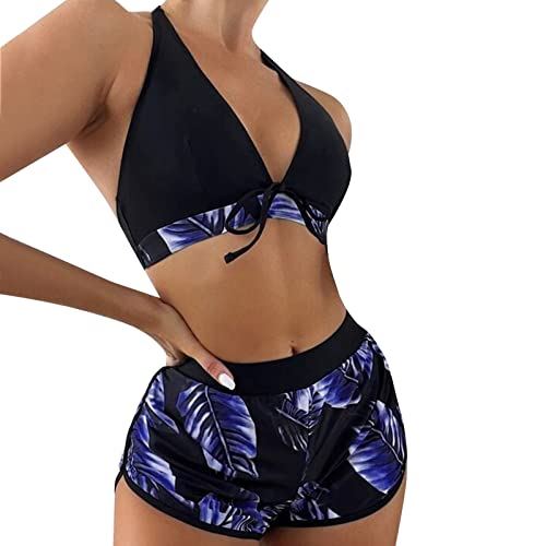 Damen 3 Packe Bikini Sets Neckholder Badebode 3-Teiliger Swimwear Bikini Set Badehose mit Tropenmuster Damen Mehrfarbig Tankini mit Oberteile und Badeshorts Einfarbig Bikini Badeanzug (A-012, L) von Kielsjajd