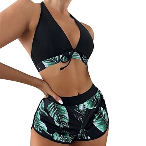 Damen 3 Packe Bikini Sets Neckholder Badebode 3-Teiliger Swimwear Bikini Set Badehose mit Tropenmuster Damen Mehrfarbig Tankini mit Oberteile und Badeshorts Einfarbig Bikini Badeanzug (A-013, M) von Kielsjajd