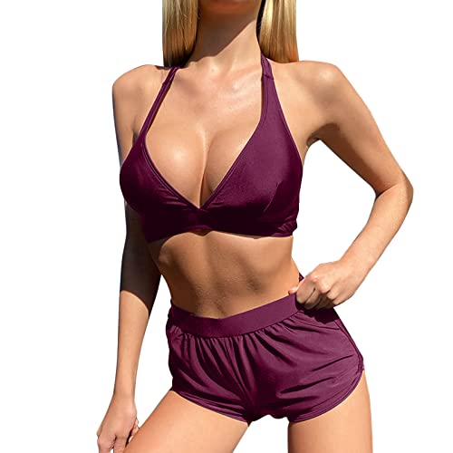 Damen 3 Packe Bikini Sets Neckholder Badebode 3-Teiliger Swimwear Bikini Set Badehose mit Tropenmuster Damen Mehrfarbig Tankini mit Oberteile und Badeshorts Einfarbig Bikini Badeanzug (A-016, M) von Kielsjajd