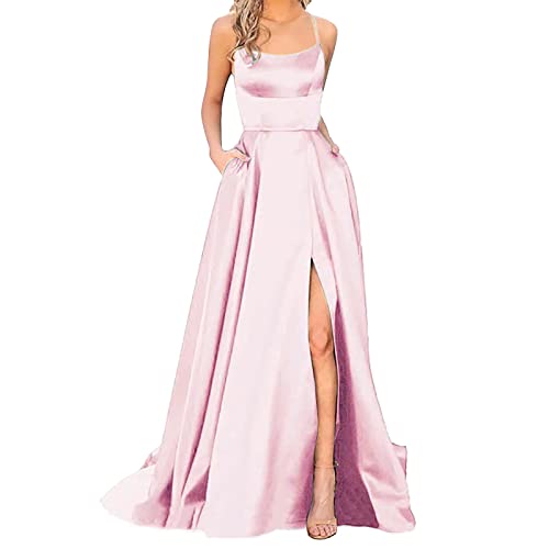 Damen Elegant Lange Ballkleider mit Taschen Satin A-Linie Backless Hochzeitskleid Abendkleider Sexy Neckholder Spaghetti Brautkleid Kleider Lang Prinzessin Brautjungfer Kleid Partykleid (a-Pink, S) von Kielsjajd