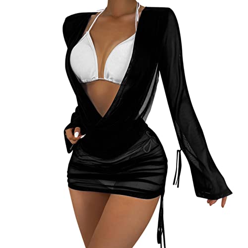 Durchsichtiges Strandkleid Sexy für Damen Schwarz Kleid Minirock Bikini Cover Up Halbtransparentes Feines Netz Rundhalsausschnitt Minikleid Netz Shirt Strandkleid Sommertop (A-001, L) von Kielsjajd