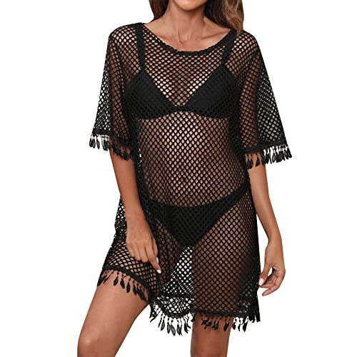 Durchsichtiges Strandkleid Sexy für Damen Schwarz Kleid Minirock Bikini Cover Up Halbtransparentes Feines Netz Rundhalsausschnitt Minikleid Netz Shirt Strandkleid Sommertop (A-012, L) von Kielsjajd