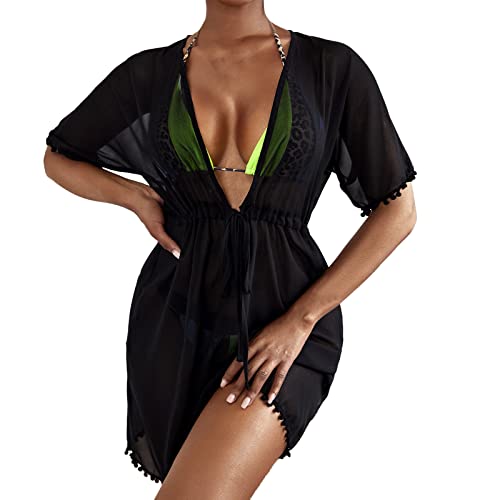 Durchsichtiges Strandkleid Sexy für Damen Schwarz Kleid Minirock Bikini Cover Up Halbtransparentes Feines Netz Rundhalsausschnitt Minikleid Netz Shirt Strandkleid Sommertop (B-012, XL) von Kielsjajd