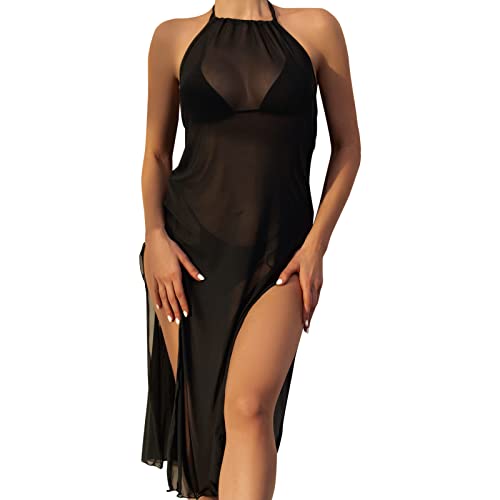 Durchsichtiges Strandkleid Sexy für Damen Schwarz Kleid Minirock Bikini Cover Up Halbtransparentes Feines Netz Rundhalsausschnitt Minikleid Netz Shirt Strandkleid Sommertop (C-016, XXL) von Kielsjajd