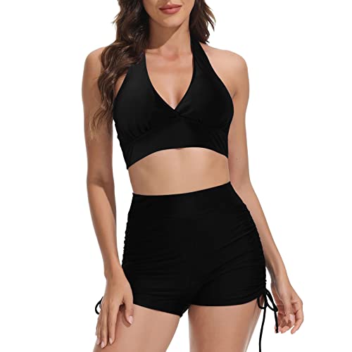 Kielsjajd Bikini Damen Sport Push Up Oberteil Polster Badeanzug Zweiteiler Frauen Shorts Bikini Set Pads Strand Schwimmen 2 Teilig Damen Tankini Set zweiteilig Bauchweg mit Hot Pants (D-012, L) von Kielsjajd