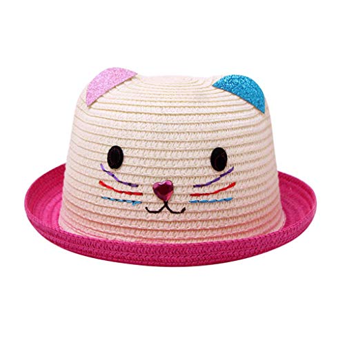 Kinder Mädchen Faltbarer Strohhut Sonnenhut Breite Krempe Sommerhut für Mädchen Kinder Atmungsaktiver Strand mit Cartoon Katze Dekoration für den Urlaub Reise Outdoor-Aktivitäten (Hot pink, One Size) von Kielsjajd