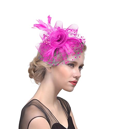 Stirnband Winter Damen Blau Hut für Frauen Tea Party Stirnband Hochzeit Cocktail Mesh Federn Haarspange Tennistaschen Männer (Hot Pink, One Size) von Kielsjajd