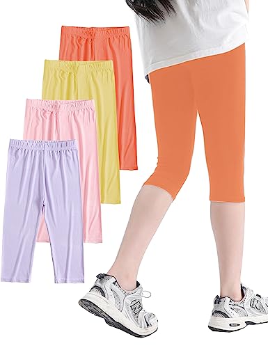 Kiench Mädchen Capri Leggings 3/4 Hosen 4er-Pack Lila & Rosa & Gelb & Orange EU Größe 104-110/3-4 Jahre Etikett 120 von Kiench