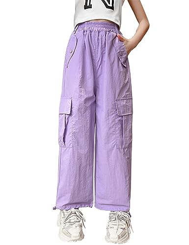 Kiench Mädchen Fallschirmhosen Y2K Kinder Baggy Cargohose Elastische Taille Taschen Lila EU Größe 134/8-9 Jahre Etikett 140 von Kiench