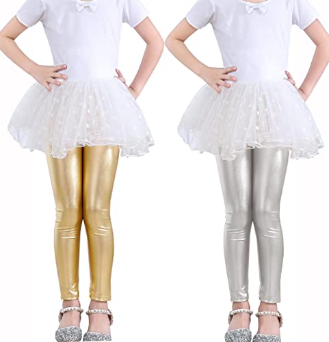 Kiench Mädchen Glänzend Leggings Glitzer Metallic Fasching Hosen 2er-Pack Gold & Silber EU Größe 104-110/3-4 Jahre Etikett 110 von Kiench