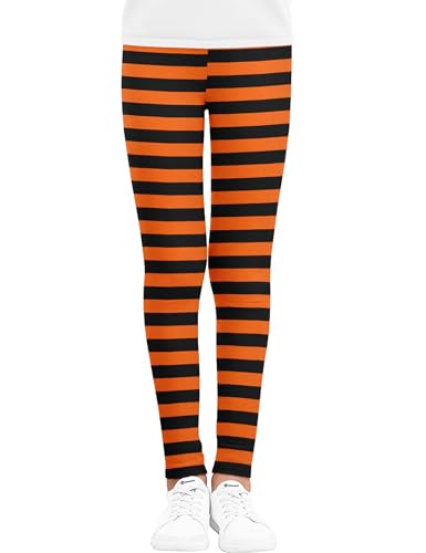 Kiench Mädchen Leggings Lang Stretch-Hosen Muster Halloween: Orange Schwarz Gestreift EU Größe 104-110/3-4 Jahre Etikett 110 von Kiench