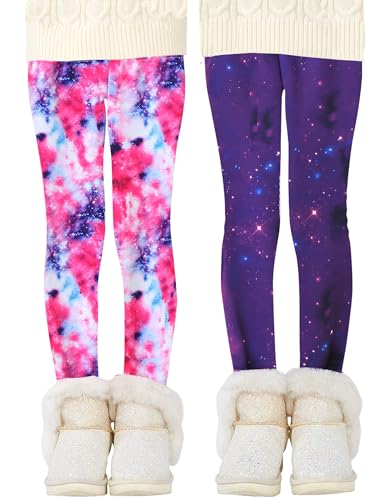 Kiench Mädchen Leggings Winter Gefüttert Dick Hosen 2er-Pack Galaxis Rosa & Lila EU Größe 140-146/8-9 Jahre Etikett 150 von Kiench