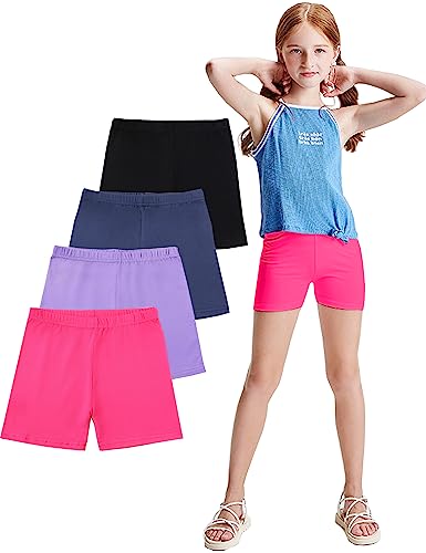 Kiench Mädchen Radlerhose Baumwolle Shorts Kurz Leggings für Teenager 3-16 Jahre 4er-Pack Rosarot & Violett & Marineblau & Schwarz EU Größe 170-176/15-16 Jahre Etikett L von Kiench