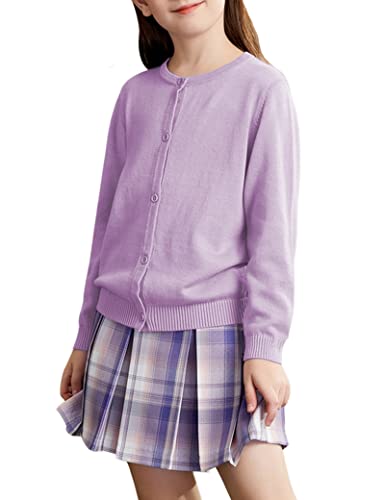 Kiench Mädchen Strickjacke Basic Baumwolle Kinder Rundhals Langarm Cardigan mit Knöpfen Lila EU Größe 152/11-12 Jahre Etikett M von Kiench