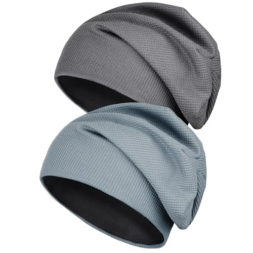 Kieswan 2 Pack Beanie Herren Mütze Damen, Slouch Dünne Mütze Unisex Caps, Elastische Laufmütze Chemo Mütze für Warme Herbst Winter(Blau, Dunkelgrau) von Kieswan