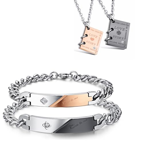 KIM JOHANSON® Edelstahl Pärchen Schmuckset Armband & Kette *Romance* in Silber | Paar Schmuck für Damen und Herren | Geschenk für Paare | Wasserfest | Gravur | BFF | Verstellbar inkl. Schmuckbeutel von Kim Johanson