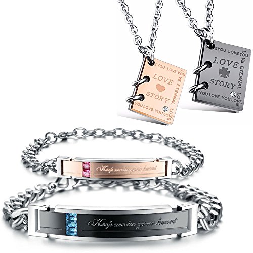 Kim Johanson Edelstahl Pärchen Schmuckset Armbänder & Ketten *Love Story* für verliebte Roségold & Schwarz mit Cubic Zirkonia inkl. Schmuckbeutel von Kim Johanson