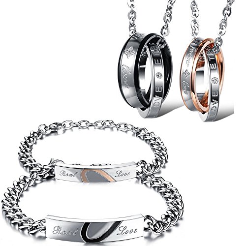 Kim Johanson Edelstahl Pärchen Schmuckset Armbänder & Ketten "Amor" für verliebte Roségold & Schwarz mit Cubic Zirkonia inkl. Schmuckbeutel von Kim Johanson