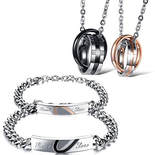 Kim Johanson Edelstahl Pärchen Schmuckset Armbänder & Ketten "Desire" für verliebte Roségold & Schwarz mit Cubic Zirkonia inkl. Schmuckbeutel von Kim Johanson