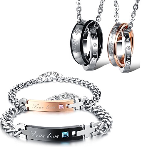 Kim Johanson Edelstahl Pärchen Schmuckset Armbänder & Ketten "Feelings" für verliebte Roségold & Schwarz mit Cubic Zirkonia inkl. Schmuckbeutel von Kim Johanson