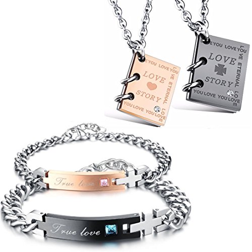 Kim Johanson Edelstahl Pärchen Schmuckset Armbänder & Ketten "Happiness" für verliebte Roségold & Schwarz mit Cubic Zirkonia inkl. Schmuckbeutel von Kim Johanson