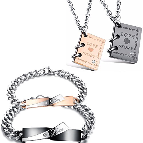 Kim Johanson Edelstahl Pärchen Schmuckset Armbänder & Ketten "Lovebook" für verliebte Roségold & Schwarz mit Cubic Zirkonia inkl. Schmuckbeutel von Kim Johanson