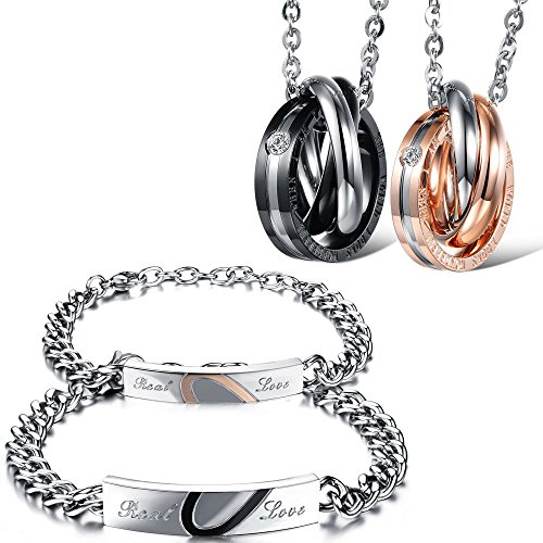 Kim Johanson Edelstahl Pärchen Schmuckset Armbänder & Ketten "Pleasure" für verliebte Roségold & Schwarz mit Cubic Zirkonia inkl. Schmuckbeutel von Kim Johanson